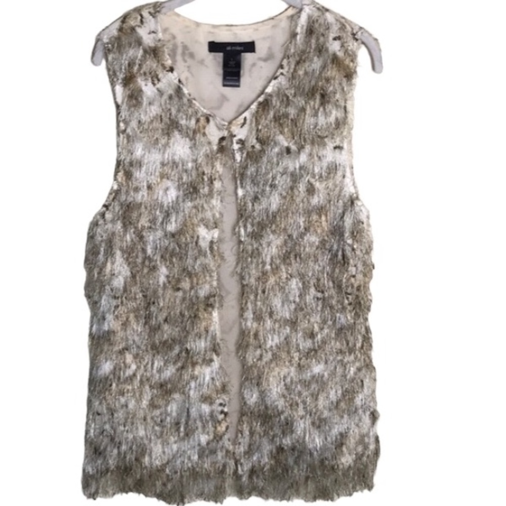 Ali Miles Fringed Animal Print Fur Vest Sz L